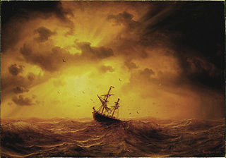 Masted ship floundering in storm on ocean. Golds and browns.