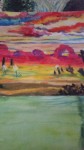 Painting of desert scene and sunrise.