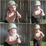 4 photos in 1 of a boy drinking from waterhose.