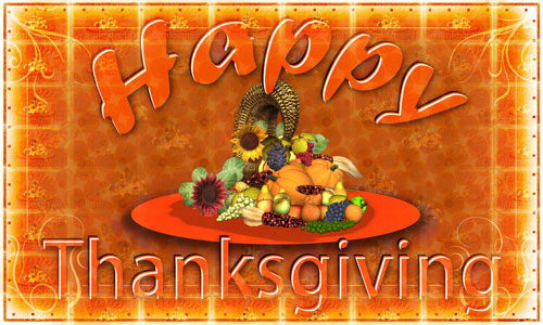 "Happy Thanksgiving". Golden brown background with cornucopia of flowers.