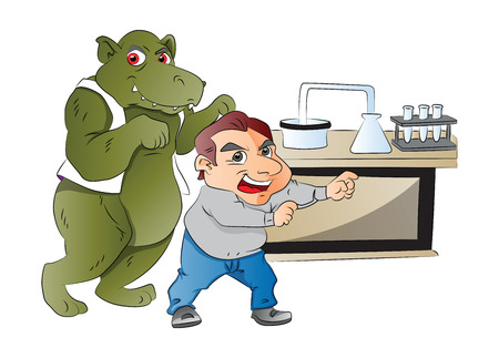Cartoon of a green monster behind a doctor. Both have their hands up as if fighting. They are standing in front of lab table.