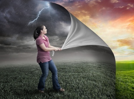 Woman Pulling Pack Storms to Reveal Sunset.