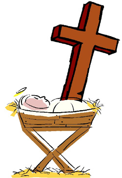 Graphic of baby Jesus in manger with brown cross behind it.