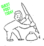 Graphic of happy boy dipping quill in inkpot and "Guest Post Today".