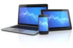 Laptop, tablet, and cell phone, all with blue screens.