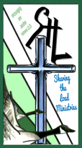 Rectangular STL logo. Blue cross, 2 geese and th words "encouraging one another" and "Sharing the Load Ministries". Background is green and white.
