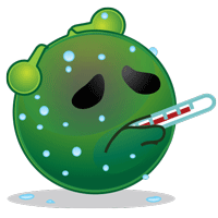 Green cartoon face with sad black eyes and drooping ears with thermometer in mouth.