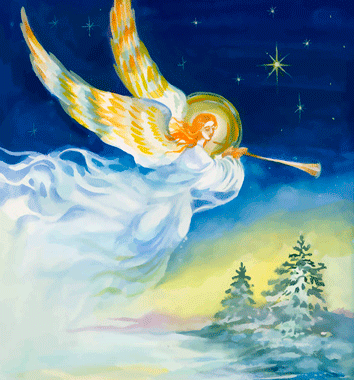 Flying angel blowing a horn. Blue night sky over snowy pine trees.