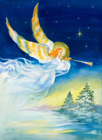 Flying angel blowing a horn. Blue night sky over snowy pine trees.