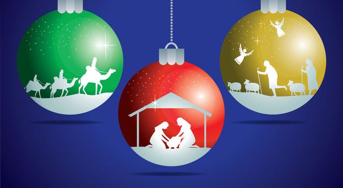 Christmas Blessings written on blue background with ornaments of Nativity scenes.