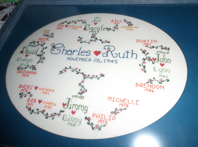 Embrodiered 50th anniversary project with kids' and grandkids' names