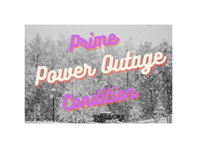 Snowy scene with trees and a house and street lights. "Prime Conditions, Power Outage".