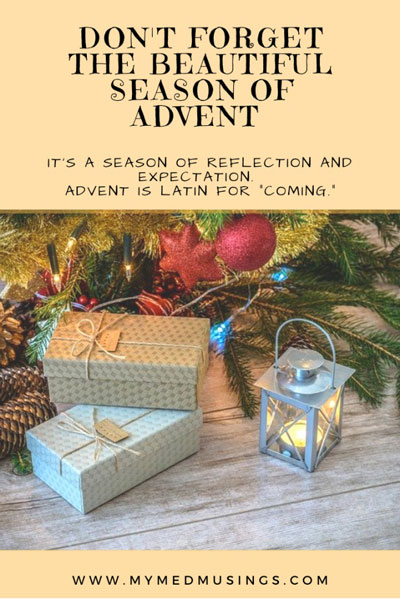 Sign with post title and picture of gifts under Christmas tree. includes link to My Med Musings.
