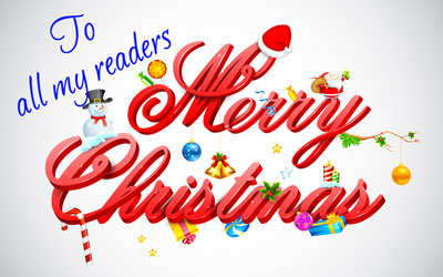 "To all my readers Merry Christmas" on white card with ornaments.