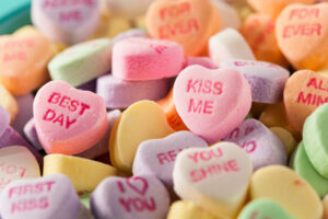 candy hearts with Valentine messages.