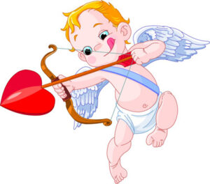 Winged baby Cupid pulling back an arrow with red heart on it.