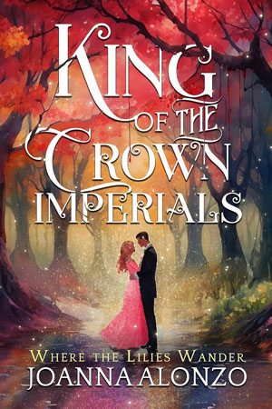 Book cover: King of the Crown Imperials. A couple, woman in floor-length pink dress,man in a black tux, standing in a forest.